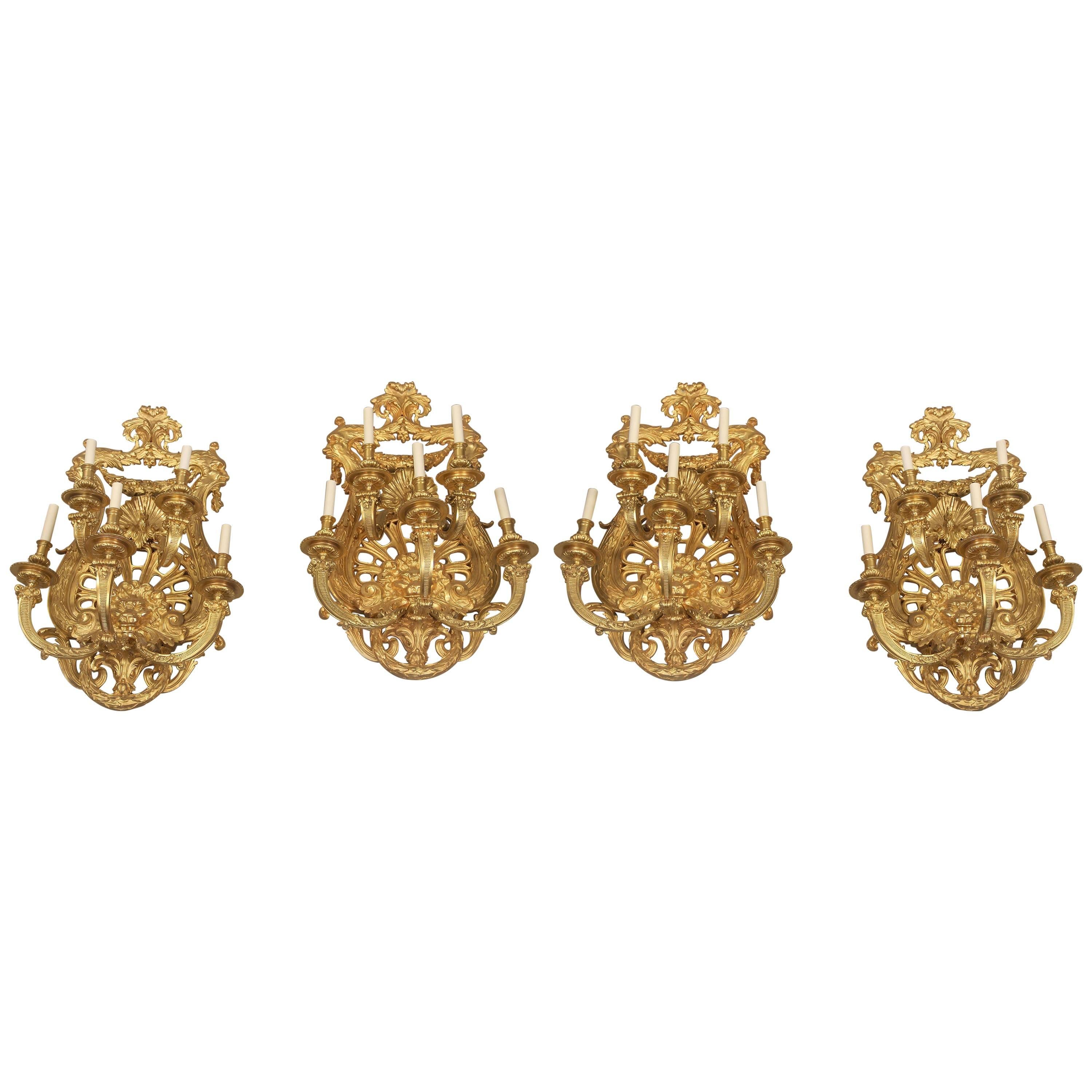 Fine Set of Four Important Late 19th Century Gilt Bronze Five-Light Sconces