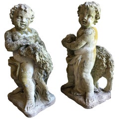 Pair of Putti Garden Statues with Lambs