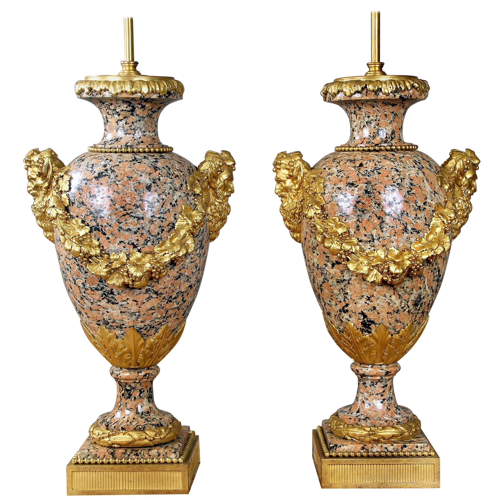 Beautiful Pair of Late 19th Century Gilt Bronze Mounted Granite Lamps