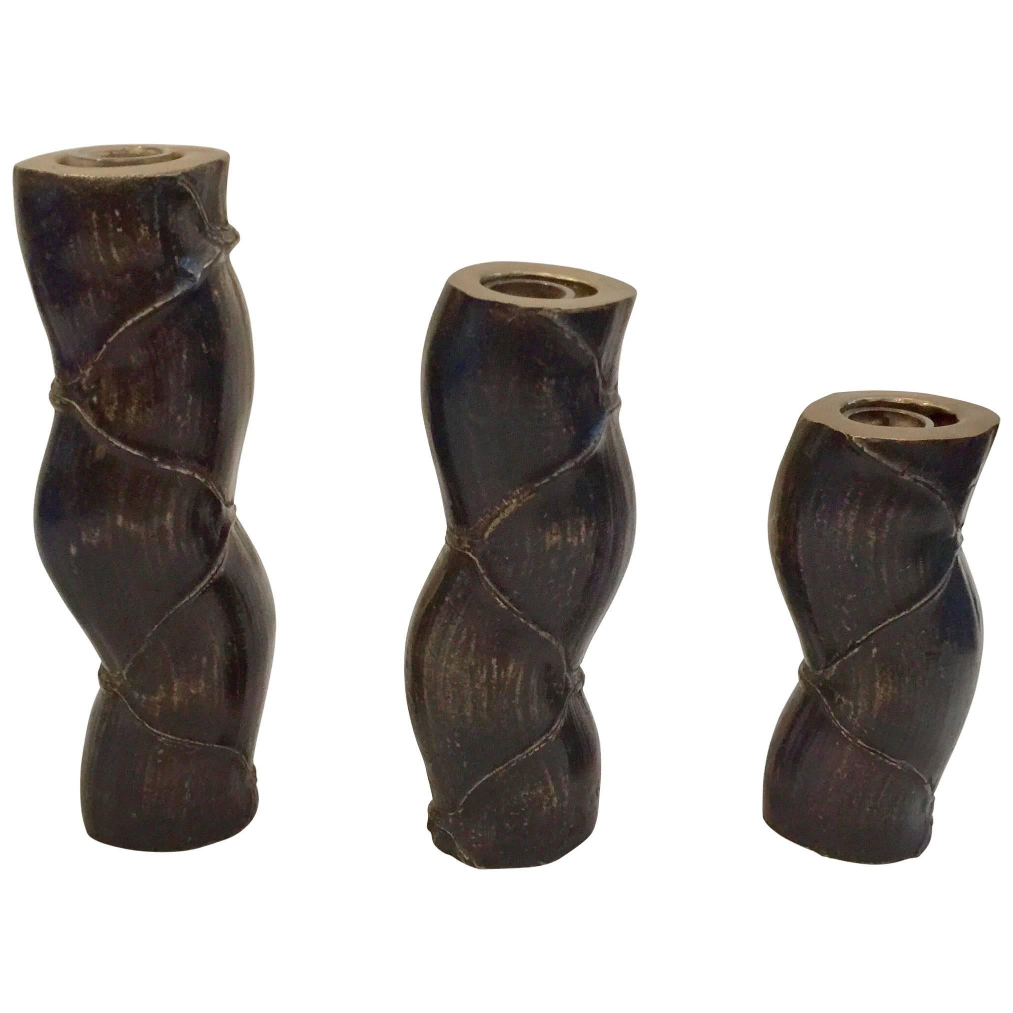 Antique Japanese Trio of Heavy Bronze Bud Vases