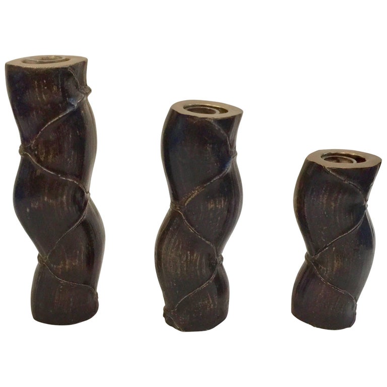 Antique Japanese Trio of Heavy Bronze Bud Vases For Sale at 1stDibs