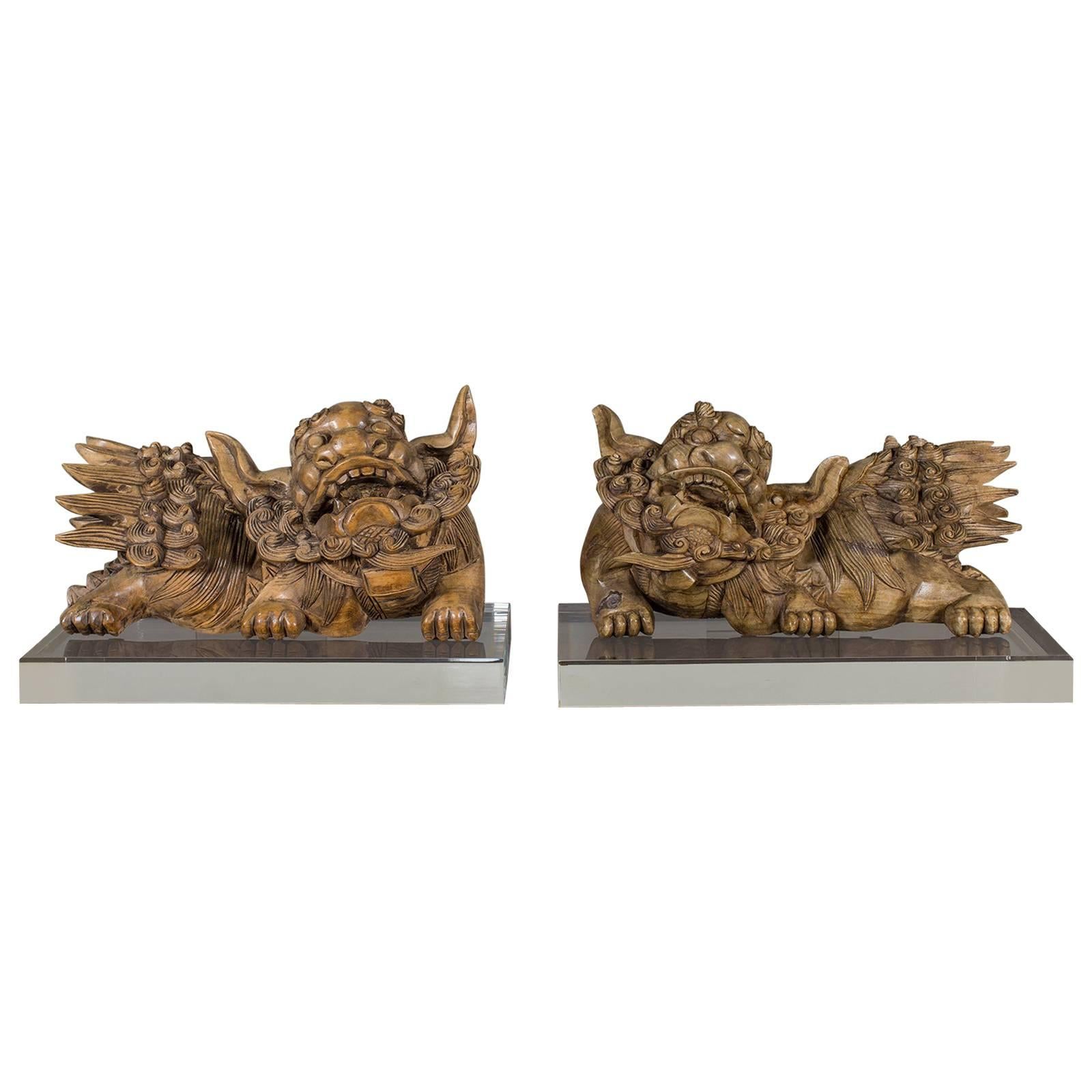 Pair of Antique Chinese Foo Guardian Lions circa 1875 on Custom Lucite Stands
