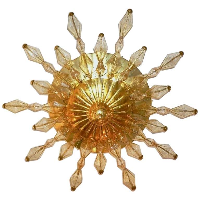 1980s Italian Unique Gold Brass and Amber Murano Glass Sunburst Flush Mount