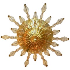 Vintage 1980s Italian Unique Gold Brass and Amber Murano Glass Sunburst Flush Mount