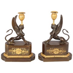 Pair of Fine Early 19th Century Bronze and Ormolu Griffin Candlesticks