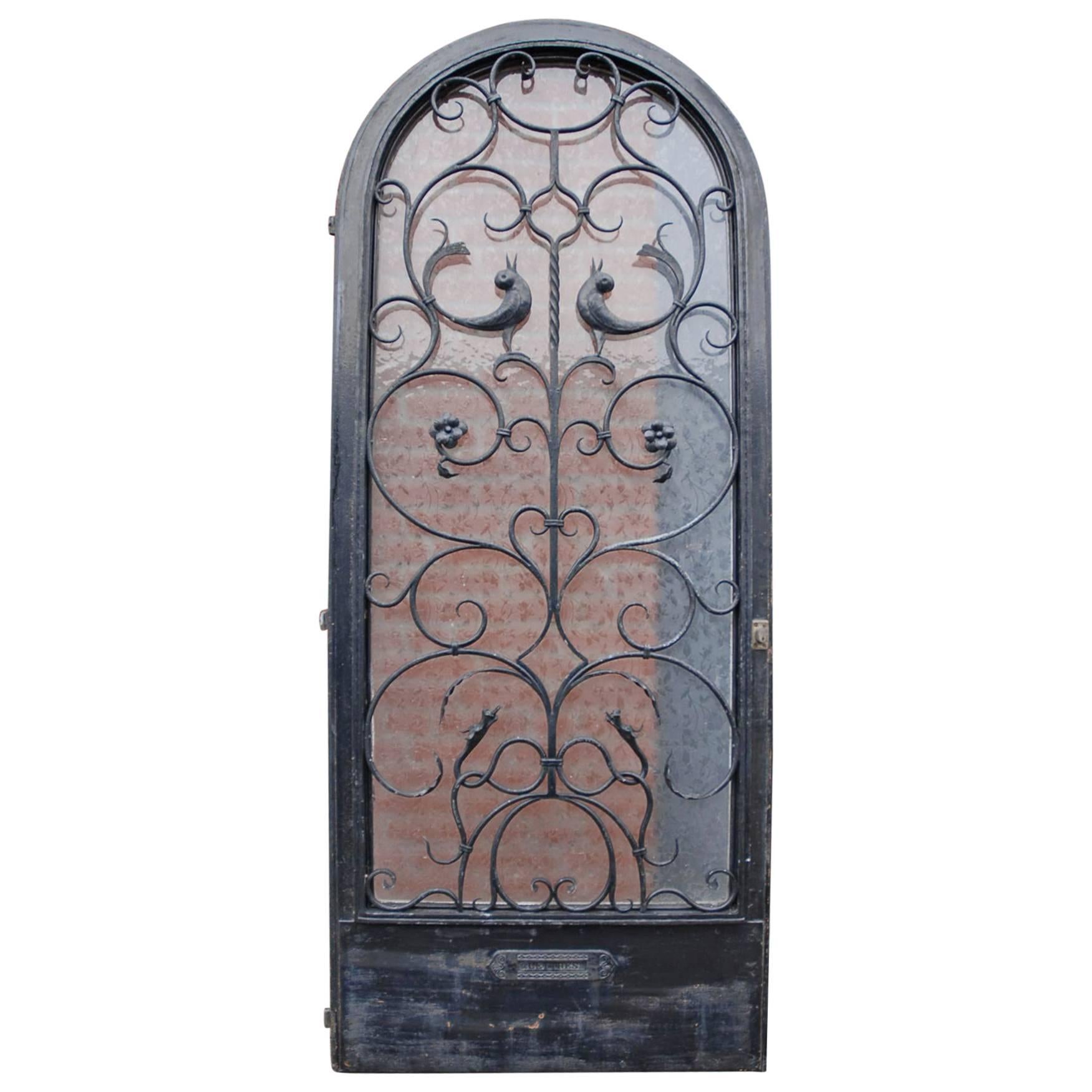 Vintage Arts and Crafts Style Entry Door w. Wrought Iron Dragon and Bird Design