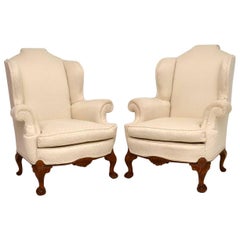 Pair of Antique Queen Anne Style Wing Back Armchairs