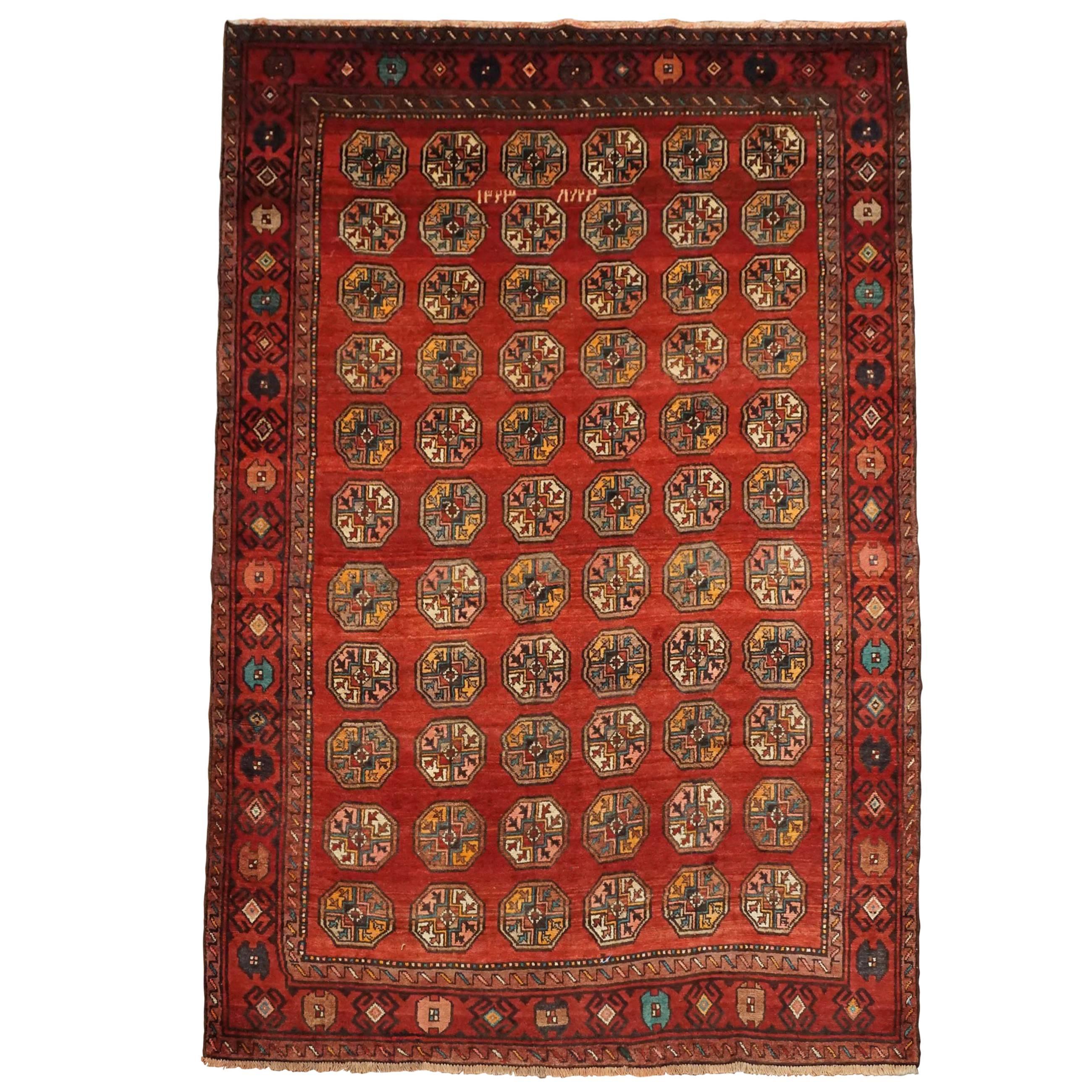 Antique Persian Tribal Bukhara Rug, Dated 1909 For Sale