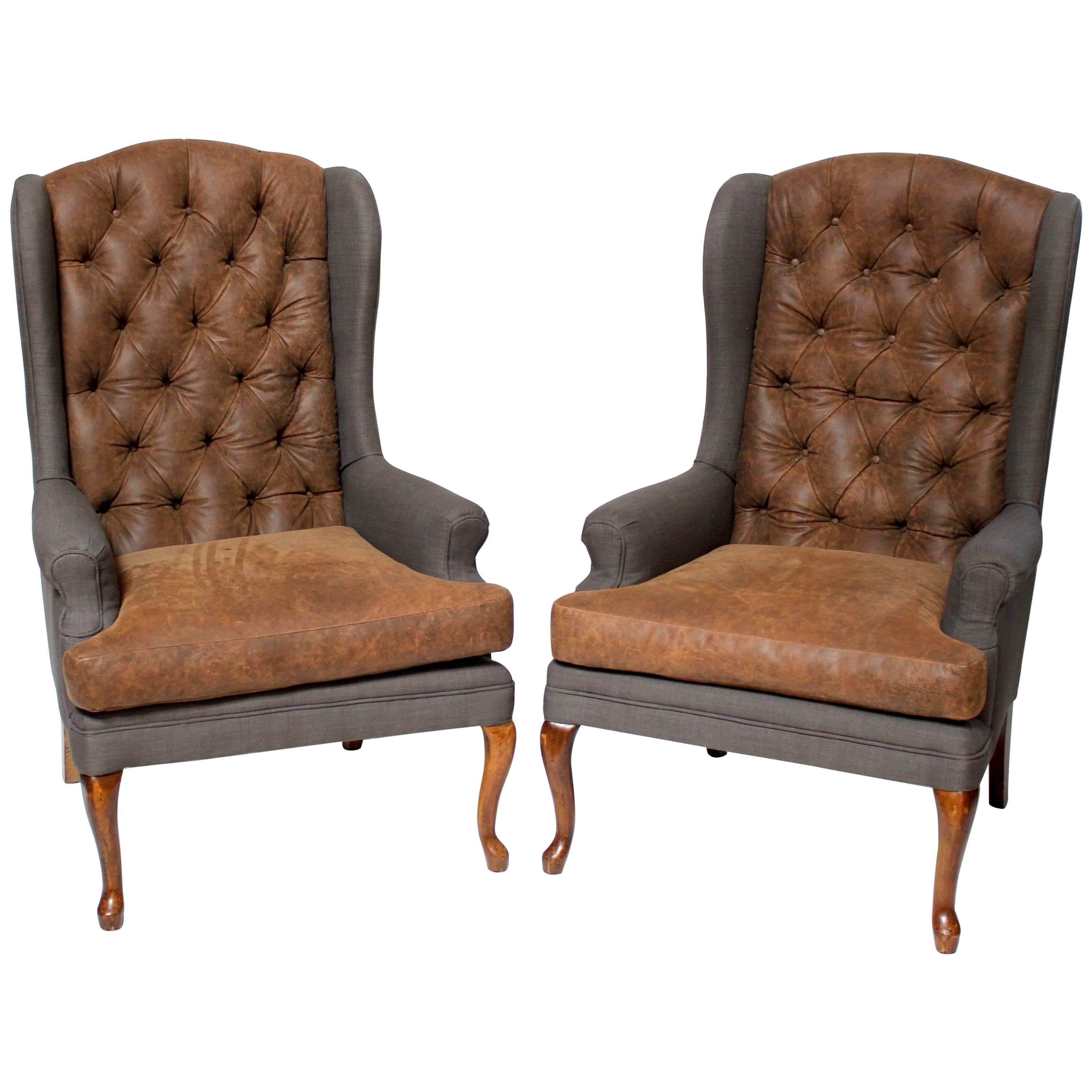 Pair of Vintage American Hardwood Wingback Chairs with Napa Leather Upholstery