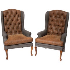 Pair of Used American Hardwood Wingback Chairs with Napa Leather Upholstery