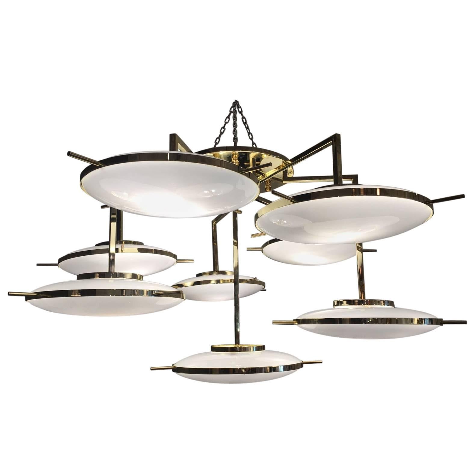 Italian Murano Glass and Brass "Flying Saucers" Chandelier