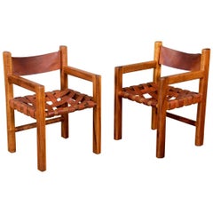 Pair of Walnut and Leather Strap Armchairs