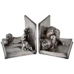 Vintage Art Deco Bronze Bookends Cat and Mice on Books by A. Duchêne, 1920 France