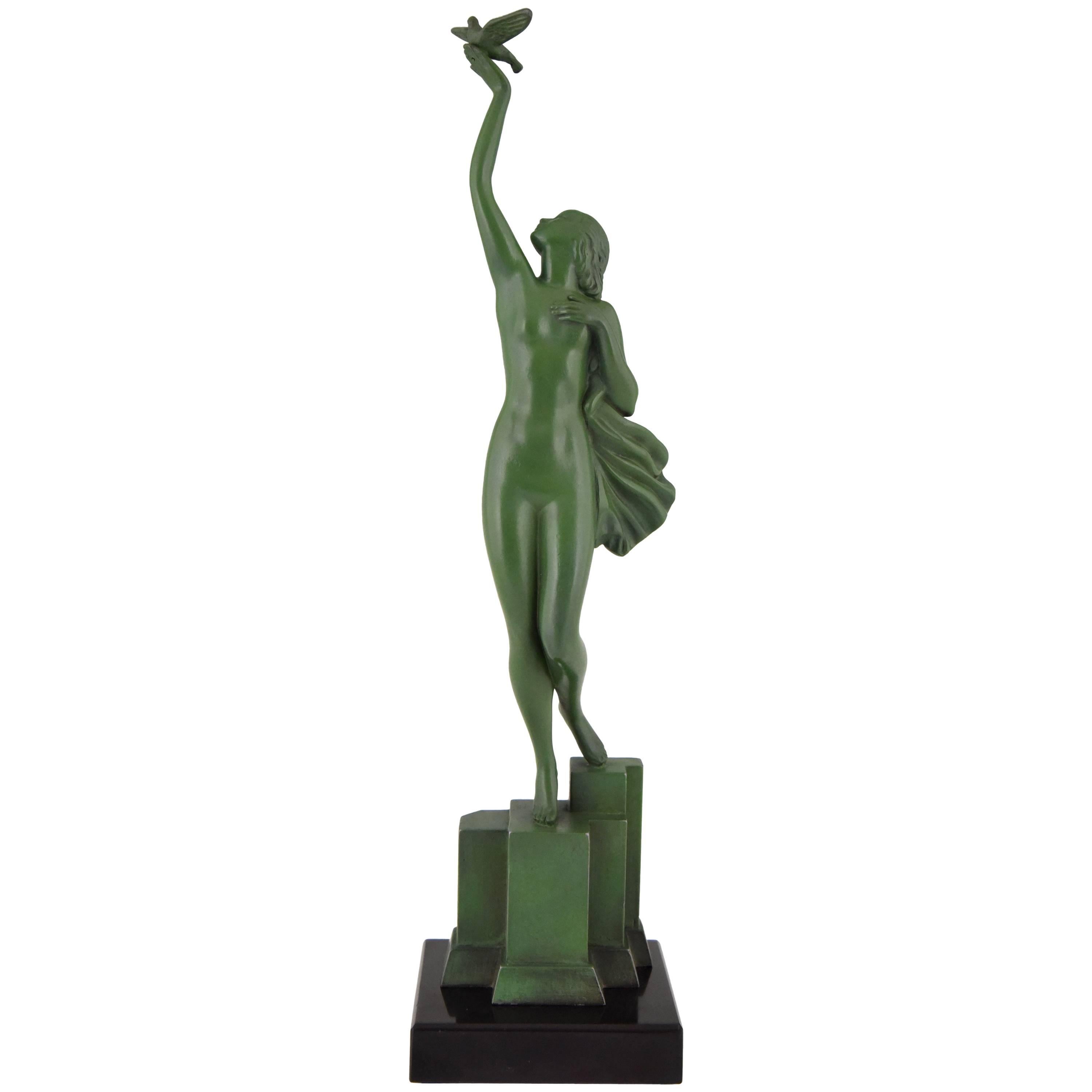 French Art Deco Sculpture of a Nude with Dove by Fayral, Pierre Le Faguays 1930