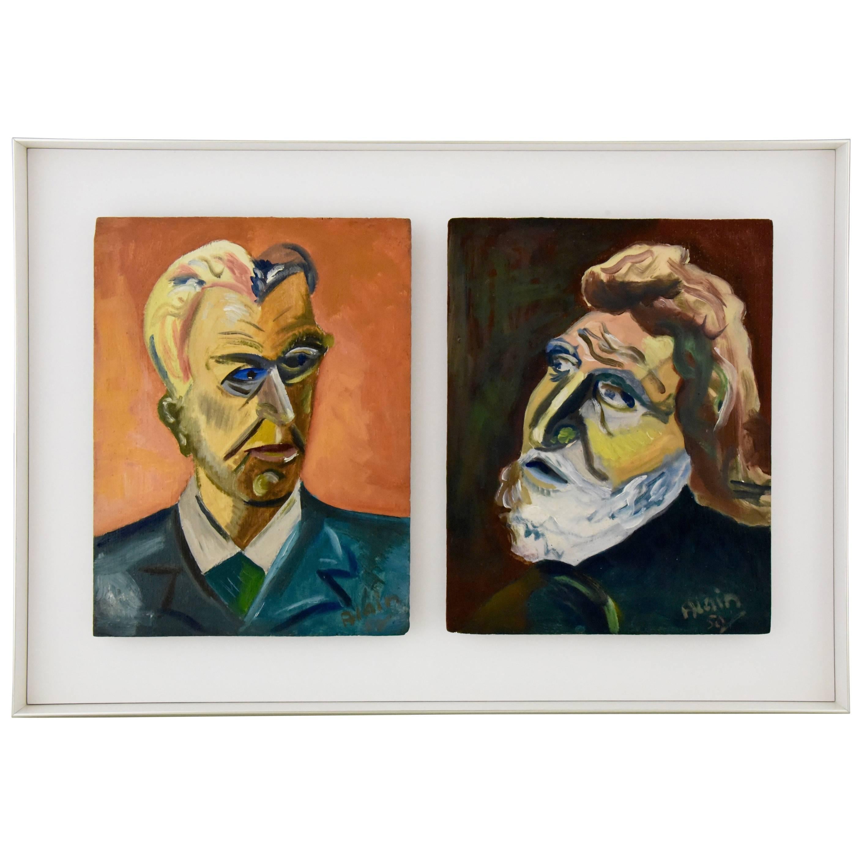 Painting Two Male Portraits in One Frame by Alain Mettais Cartier, 1950 France