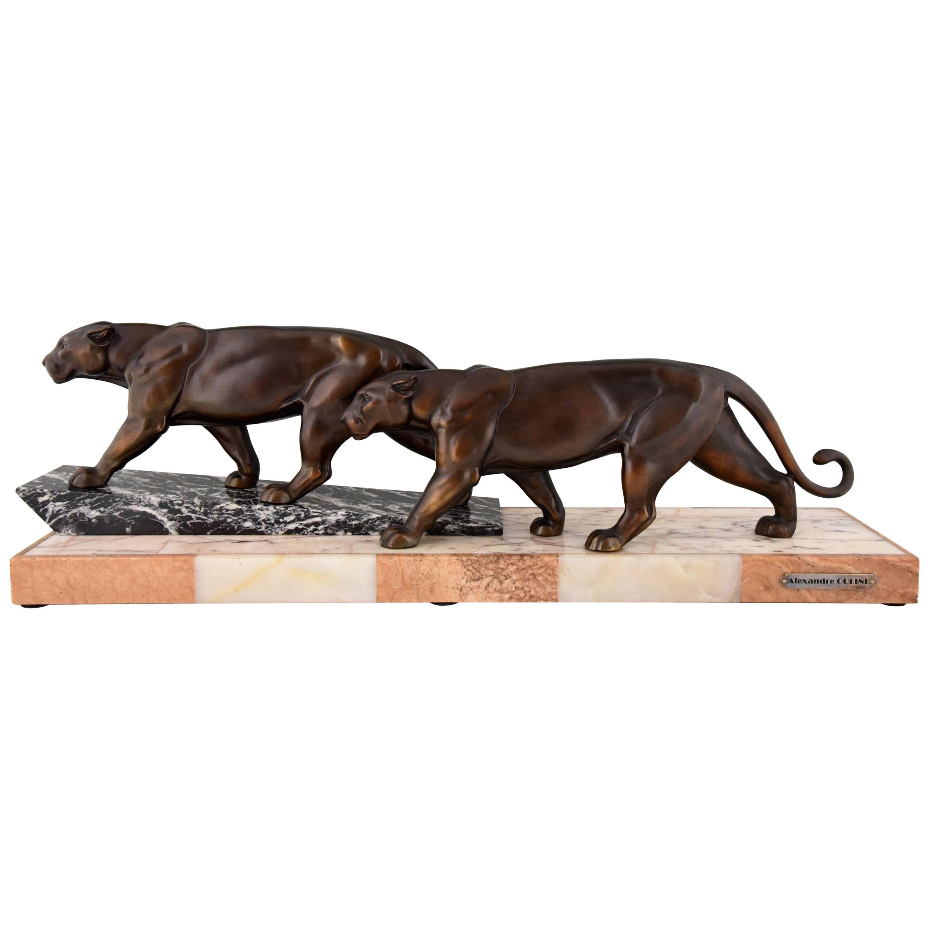 Art Deco Sculpture of Two Walking Panthers by Alexandre Ouline, 1930 France