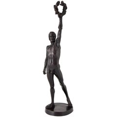 Antique Bronze Sculpture Male Nude Boxer with Laurel Wreath by Heinrich Baucke