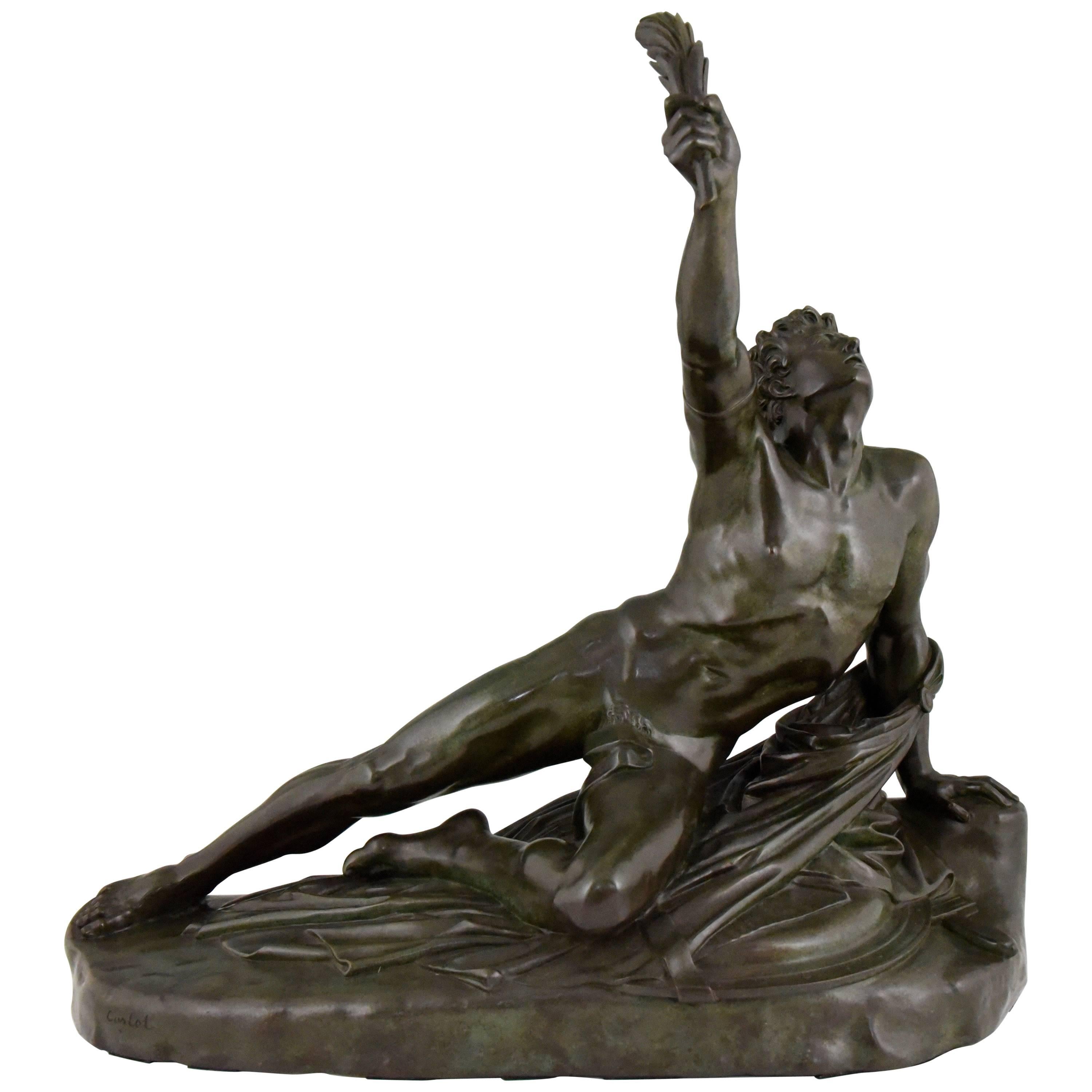Marathon Man with Laurel Antique Bronze Sculpture by Jean Pierre Cortot France