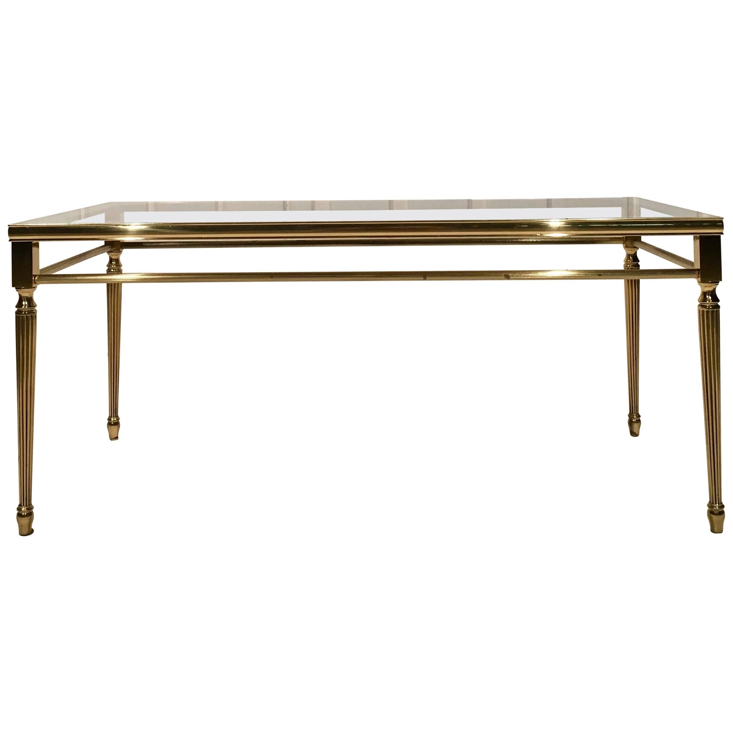 Antique Coffee Table in Brass with Glass Top For Sale