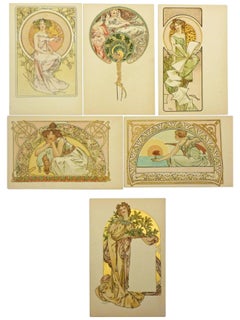 Alfons Mucha, Art Nouveau Set of Six Postcards, Signed