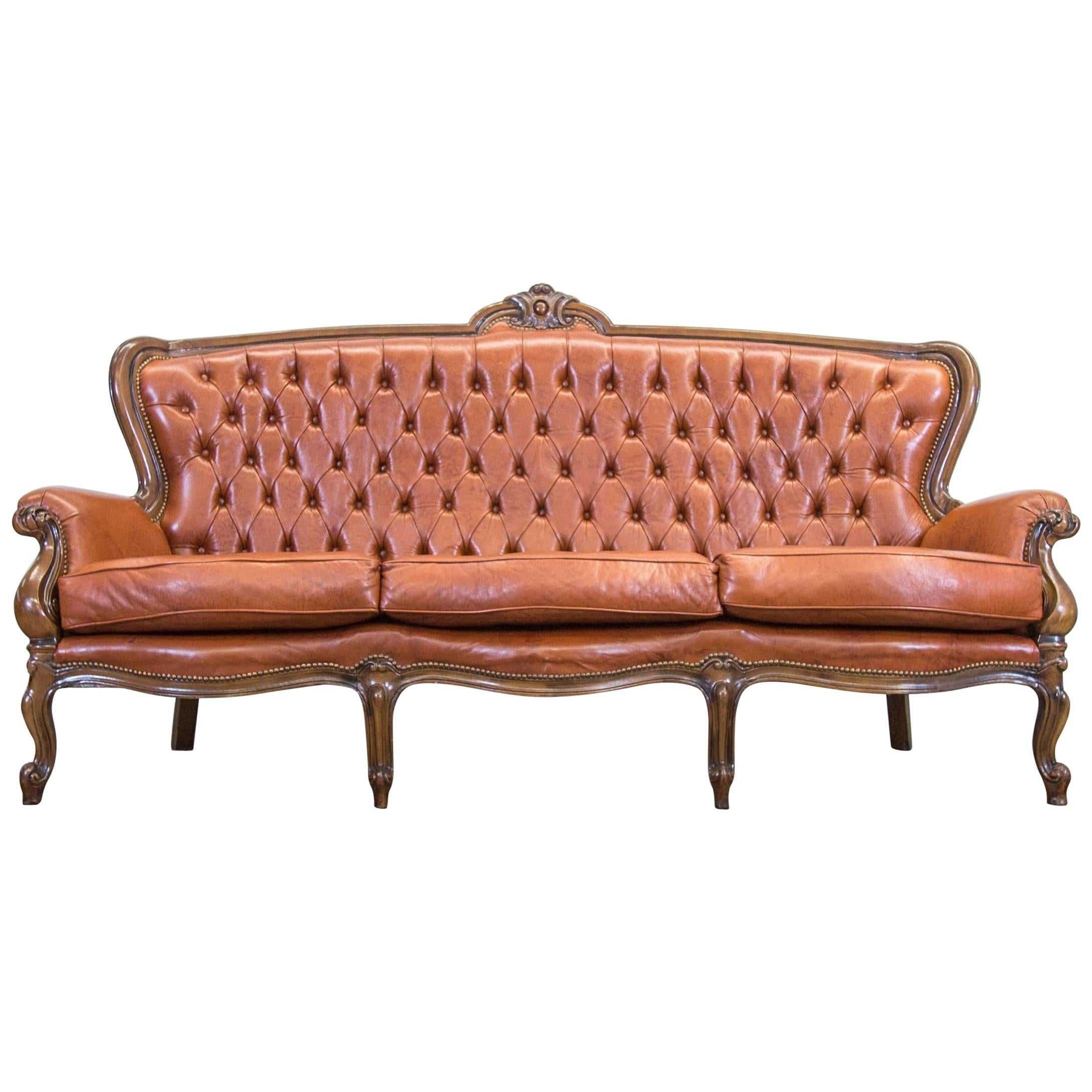 Chesterfield Leather Sofa Light Brown Three-Seat Couch Vintage Retro Wood