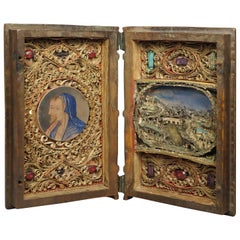 18th Century French Diptych Portable Icon Miniature Painting Cut Paper Diorama 2