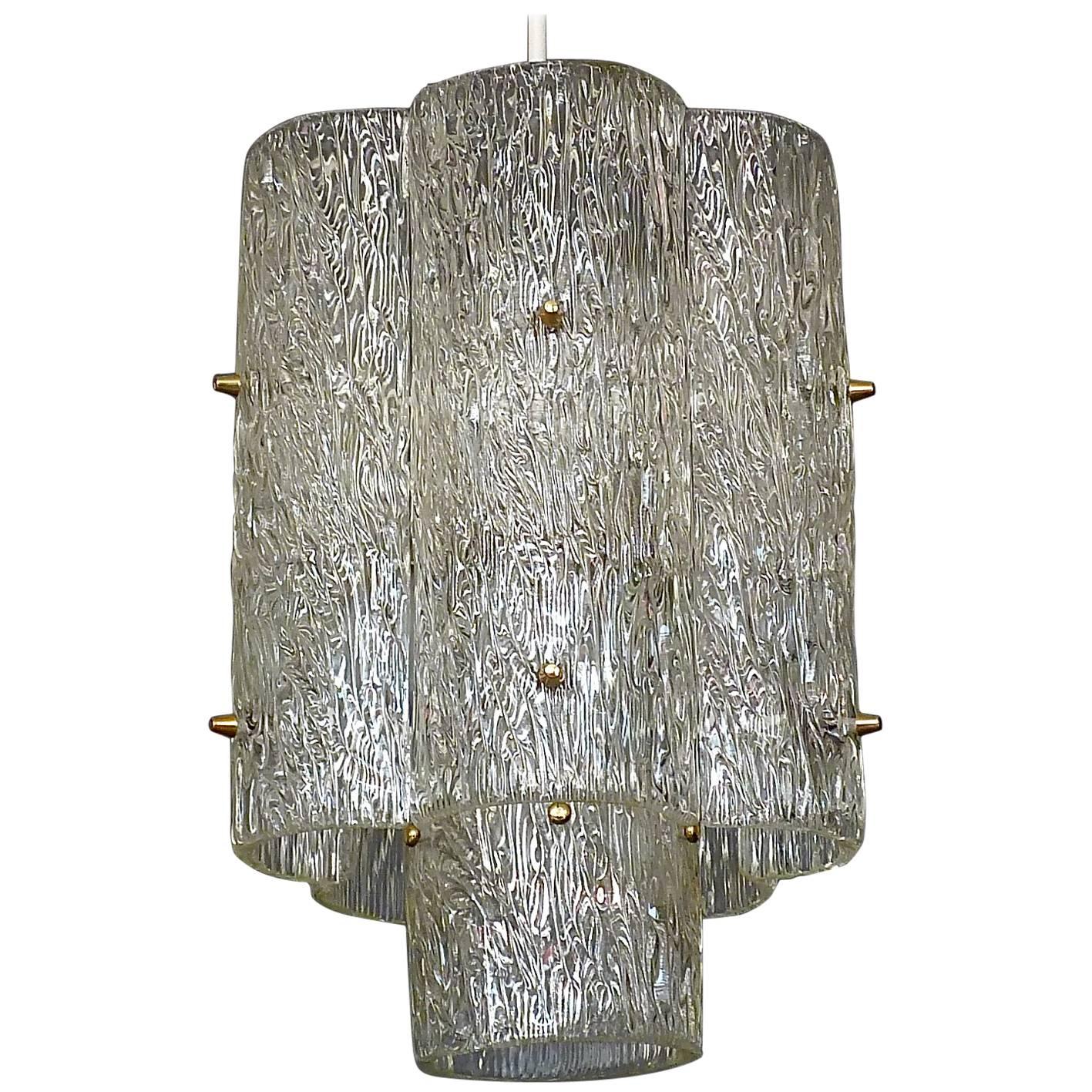 Large J.T. Kalmar Chandelier Lamp Textured Murano Glass Brass Venini Style 1950s For Sale
