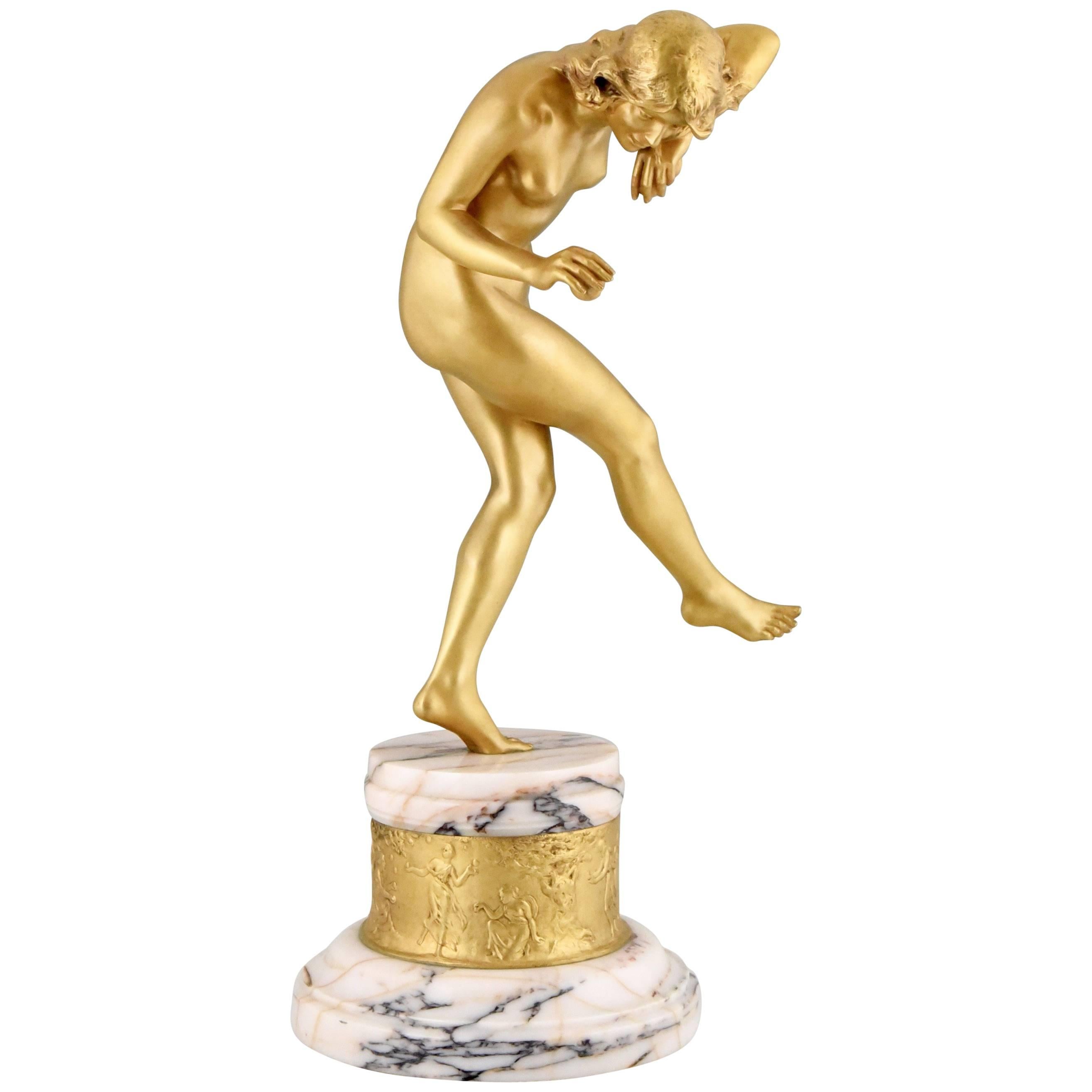 Art Deco Gilt Bronze Sculpture Nude Dancer with Apple by Delapchier, 1920 France