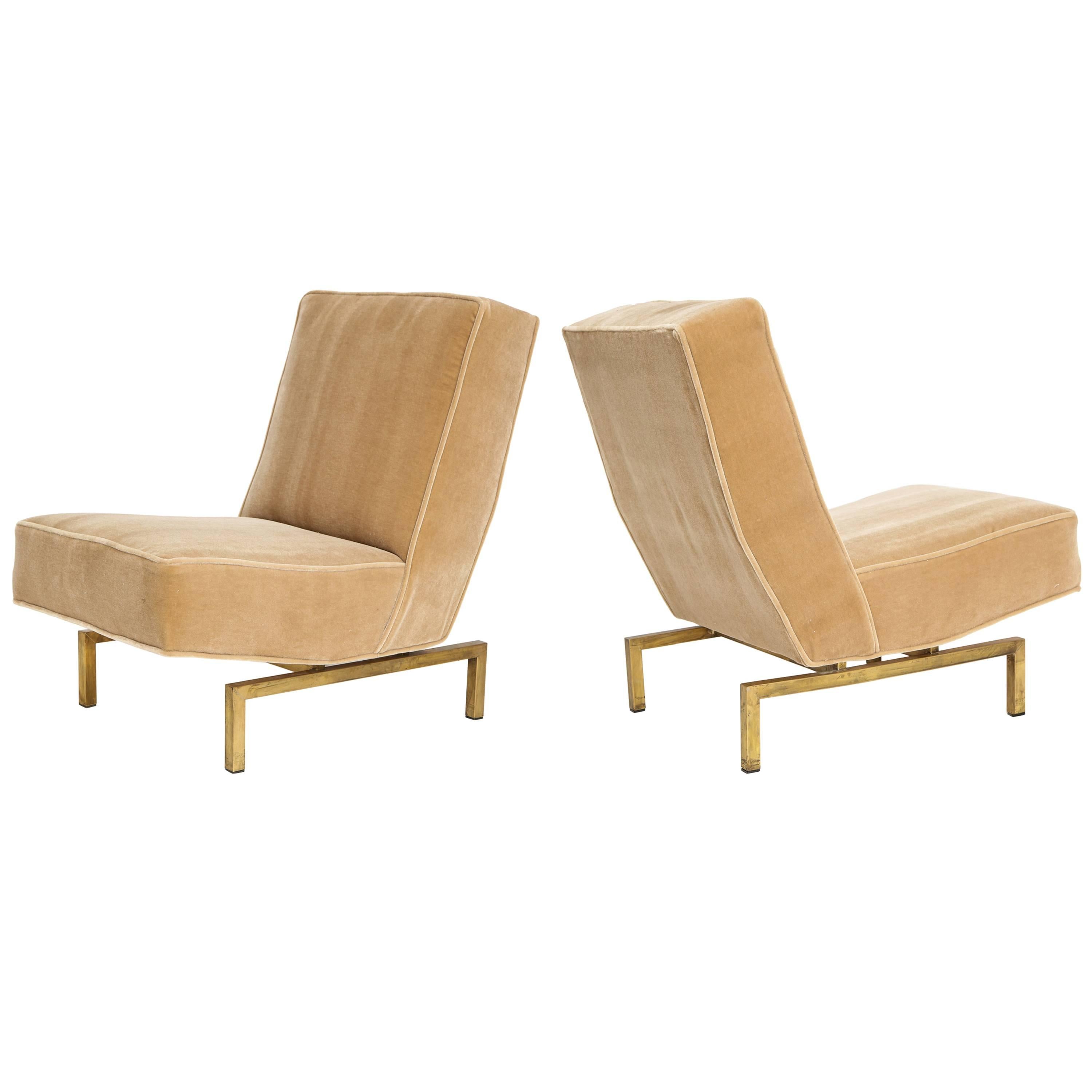 Louis Paolozzi Gold Mid-Century Lounge Chairs on Brass Bases, France, 1950s