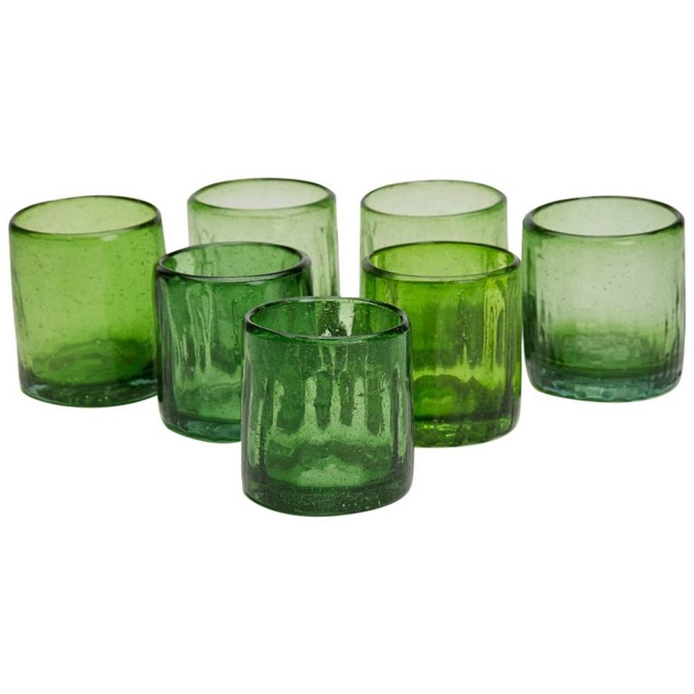 Set of Seven Vintage or Antique Rustic Green Glass Tumblers at 1stDibs