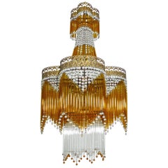 Italian Art Deco/Art Nouveau Amber & Clear Beaded Glass Fringe Murano Chandelier