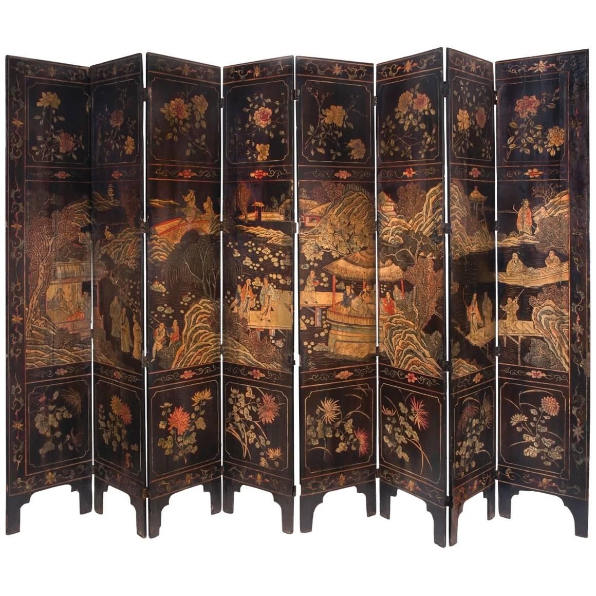 Chinese Coramandel Lacquer Qing Dynasty Eight-Panel Screen, 19th Century