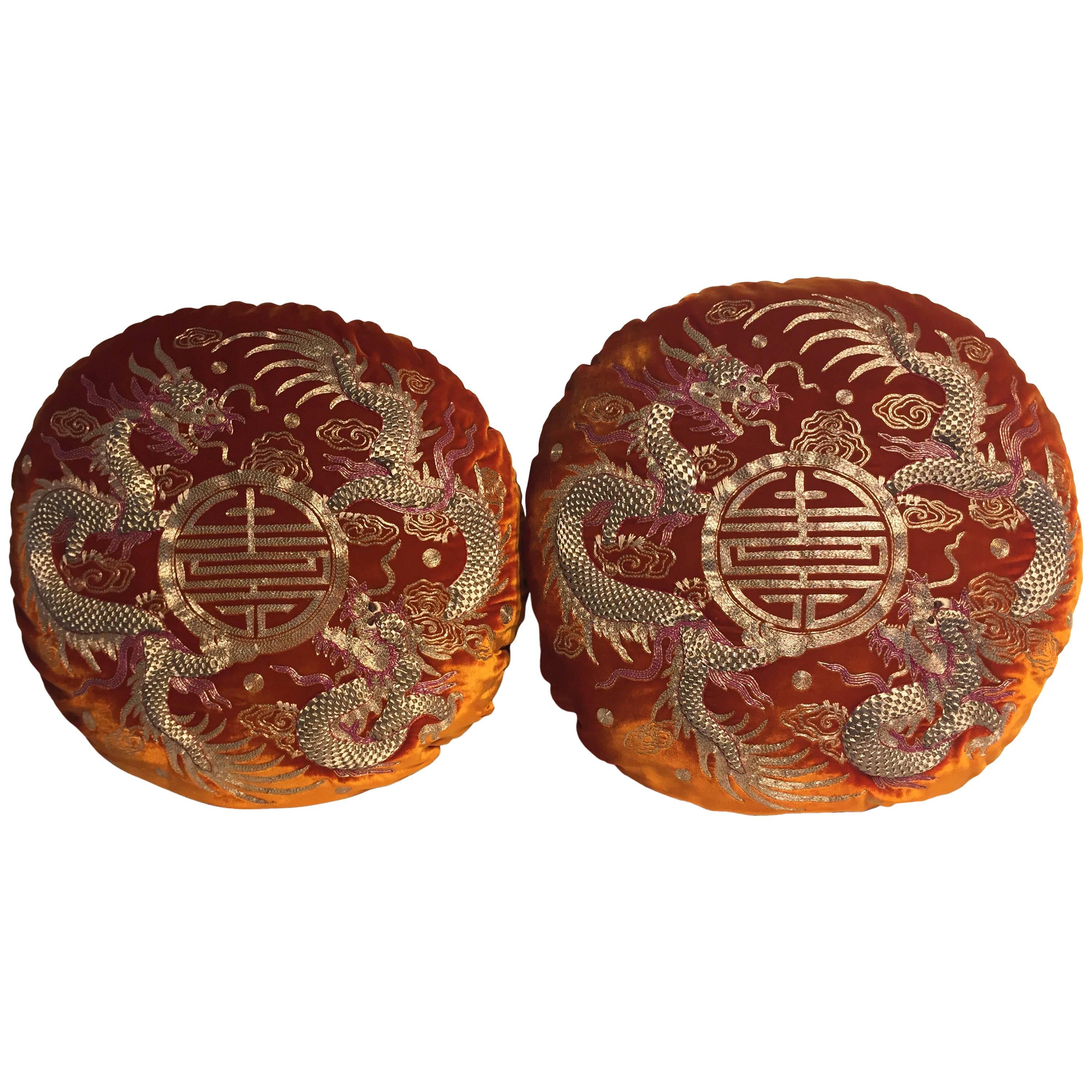 Pair of Dragon Cushions Chinoiserie Style Velvet Color Brick Round Shaped