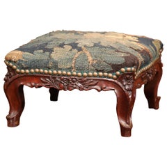 19th Century French Louis XV Carved Walnut Footstool with Aubusson Tapestry