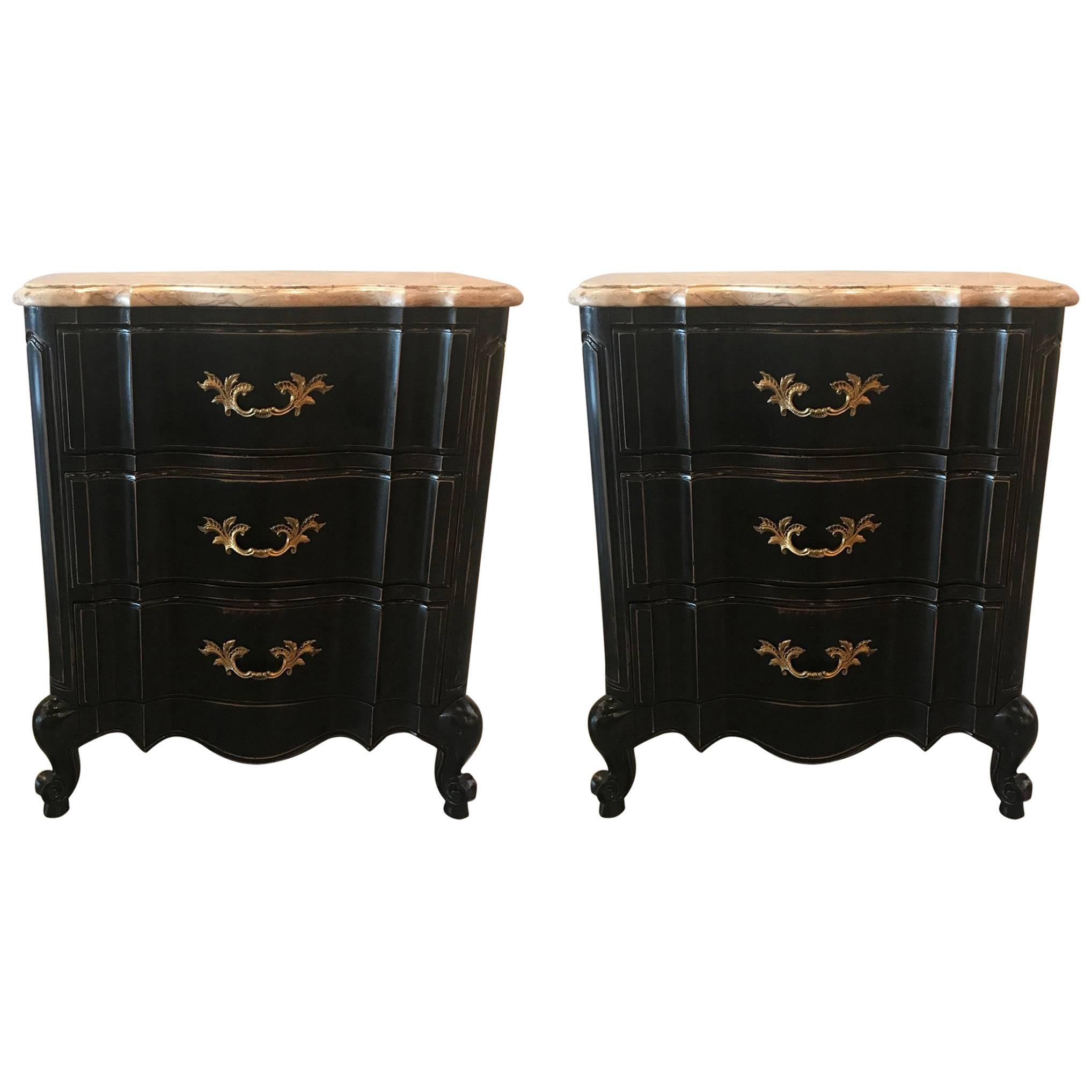Pair of French Style Carved and Painted Walnut Side Commodes