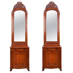 Pair of Antique Serpentine-Front Mahogany Nightstands/ Consoles with Mirrors