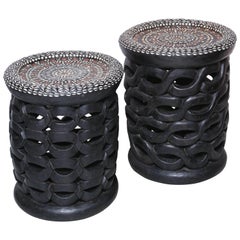 Pair of African Side Tables, Bamileke, Inlaid with Cowryshells and Old Coins