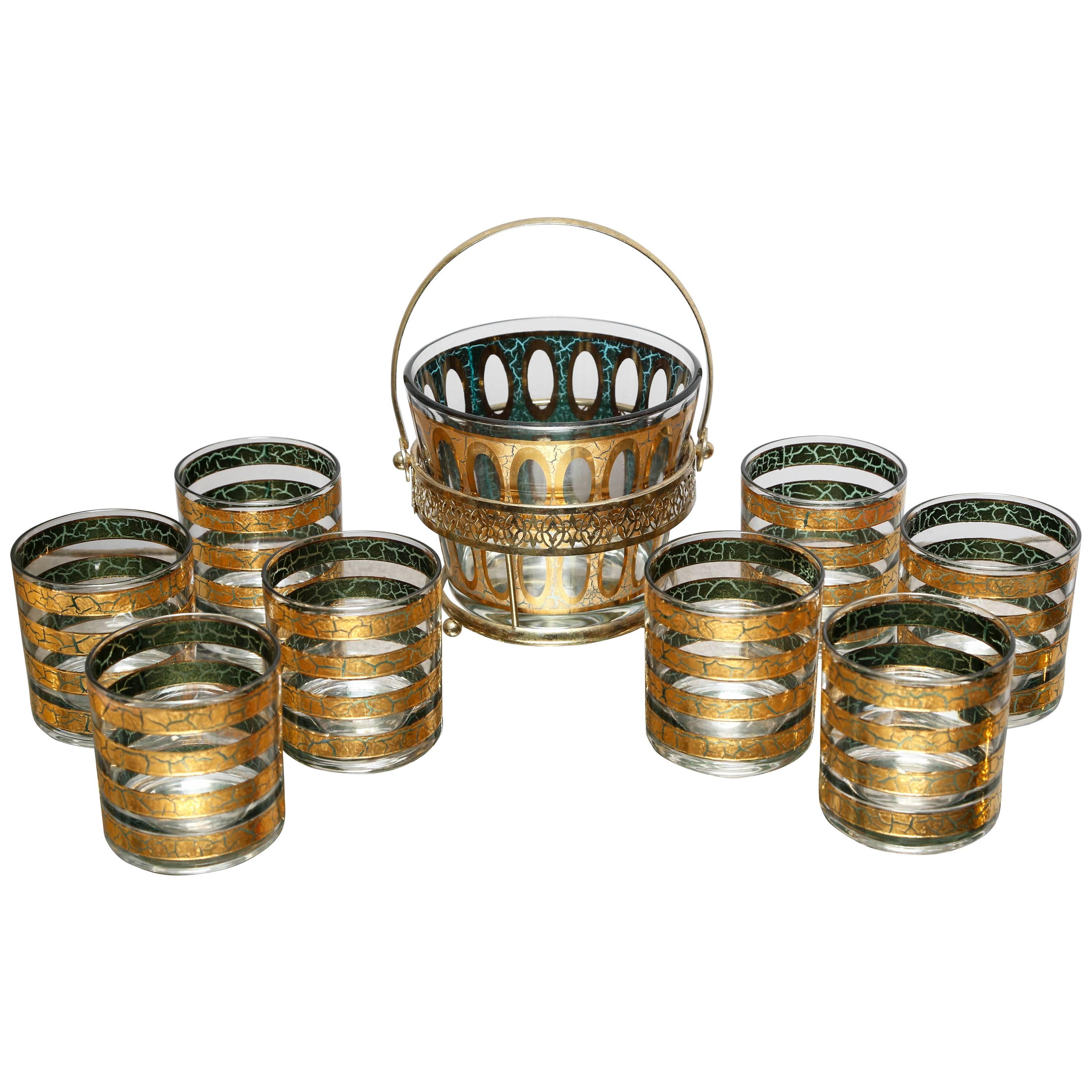  SALE! SALE!SALE! COCKTAIL SET with  Ice Bucket and Eight Tumblers, Rich Gilt  For Sale