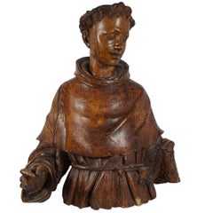 Lifesize Sienese Wood Carved Bust of a Monk, circa 1580-1600