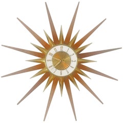 Vintage Elgin Brass and Teak Sunburst Clock, circa 1950