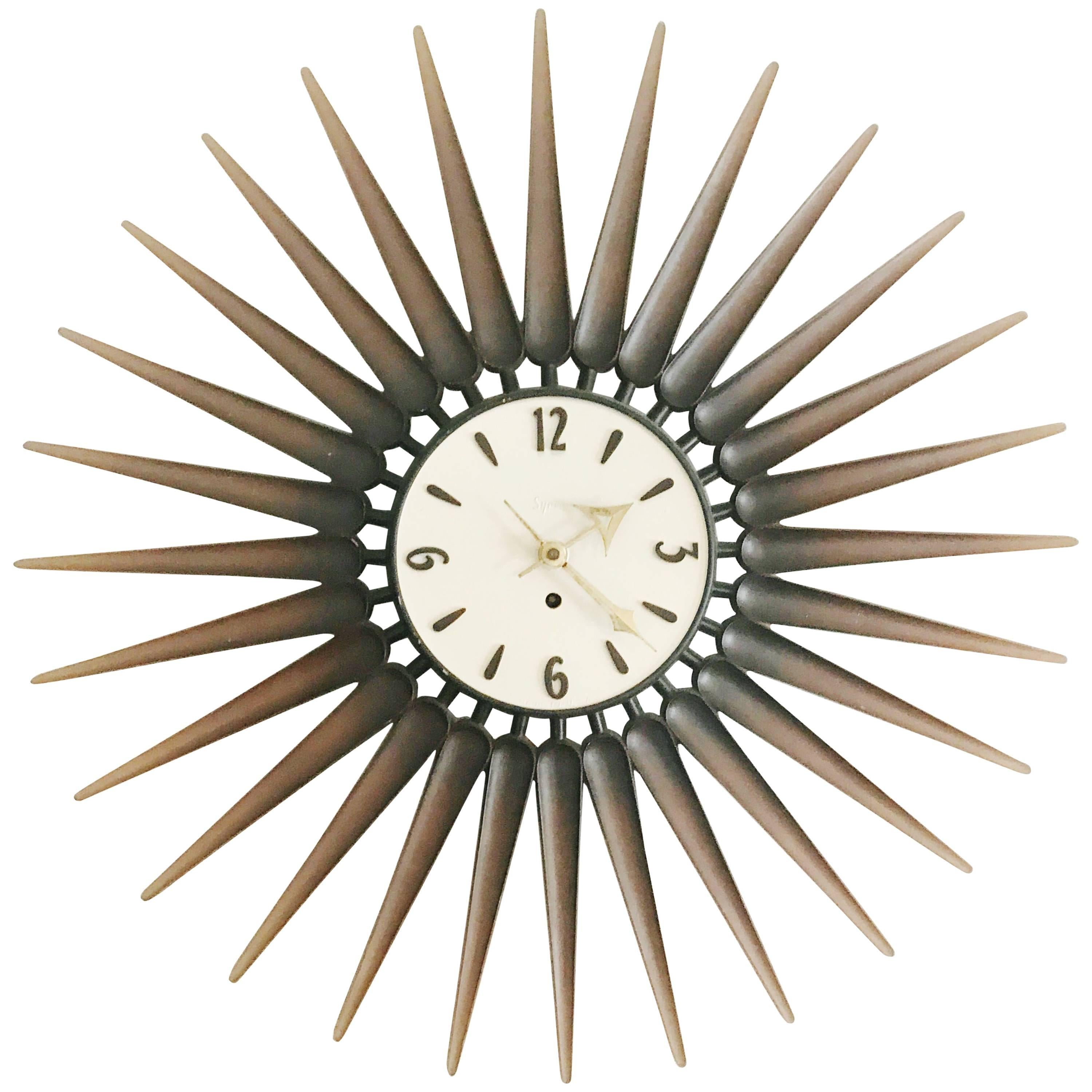 Danish Style Syroco Wood Sunburst Clock, circa 1950
