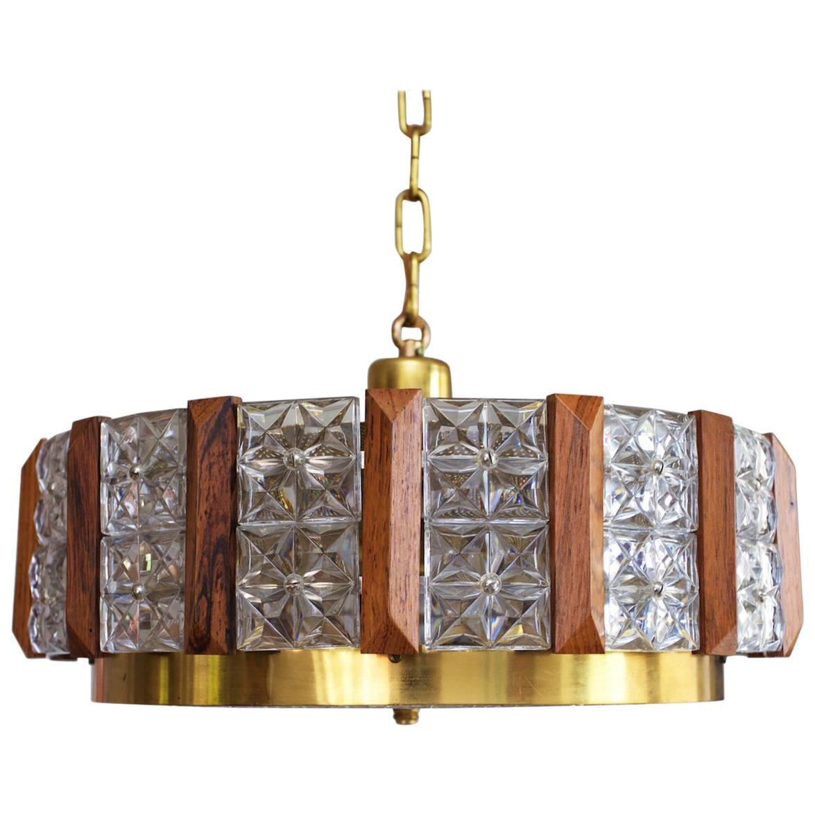 Orrefors Chandelier by Carl Fagerlund in Crystal, Brass and Teak For Sale