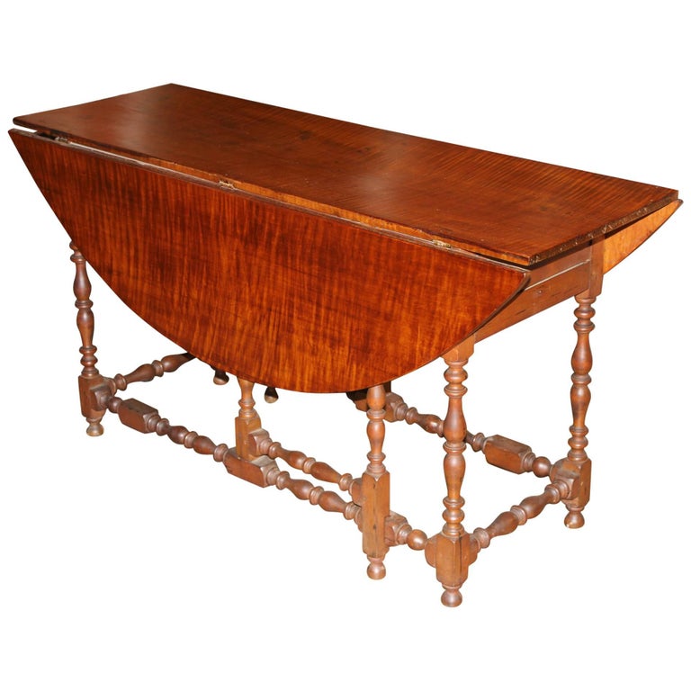William and Mary Style American Tiger Maple Gateleg Table Fitted with