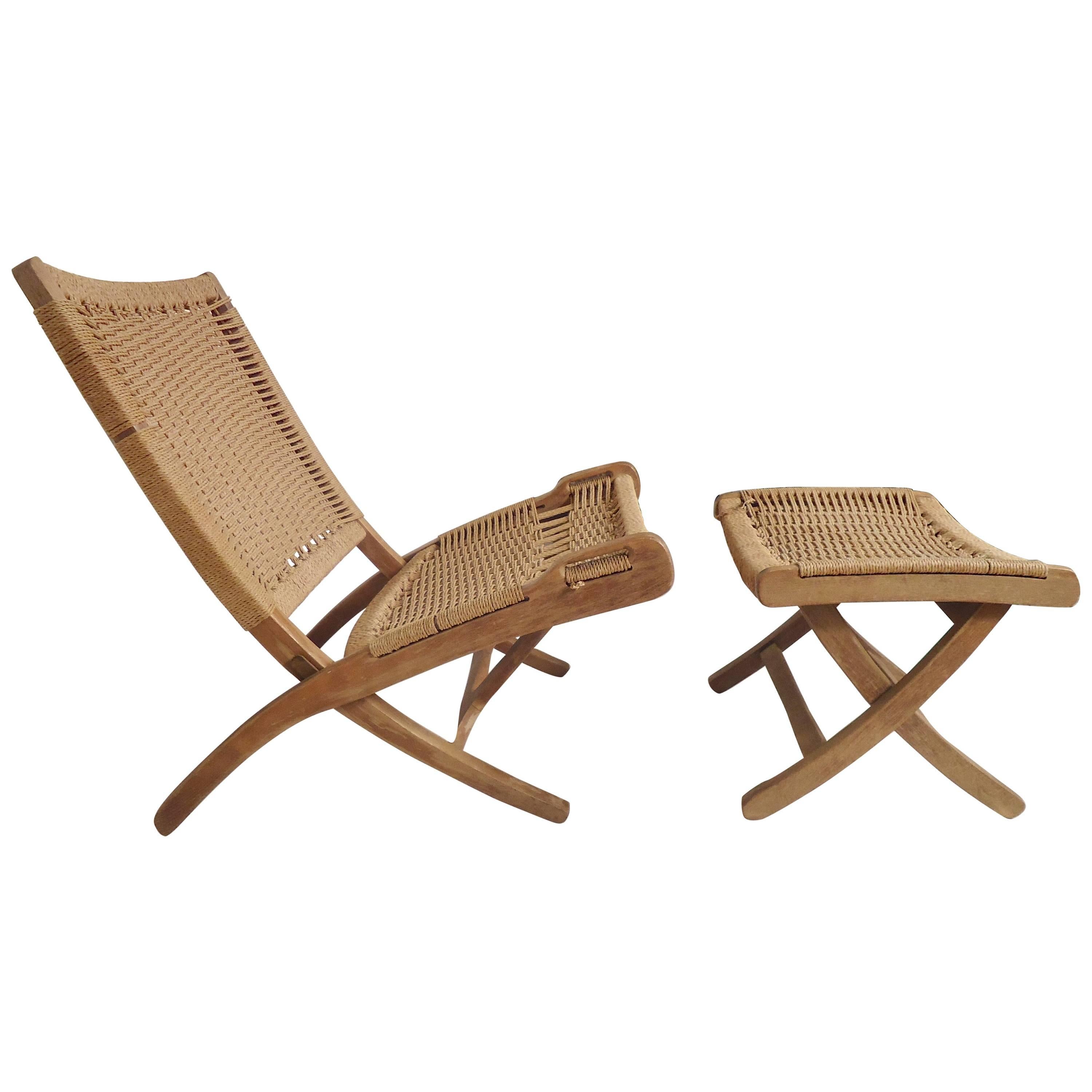 Mid-Century Folding Rope Chair with Ottoman