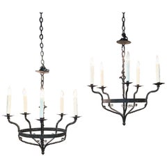 Pair of 18th Century Hand Forged Wrought Iron Spanish Chandeliers, Electrified 