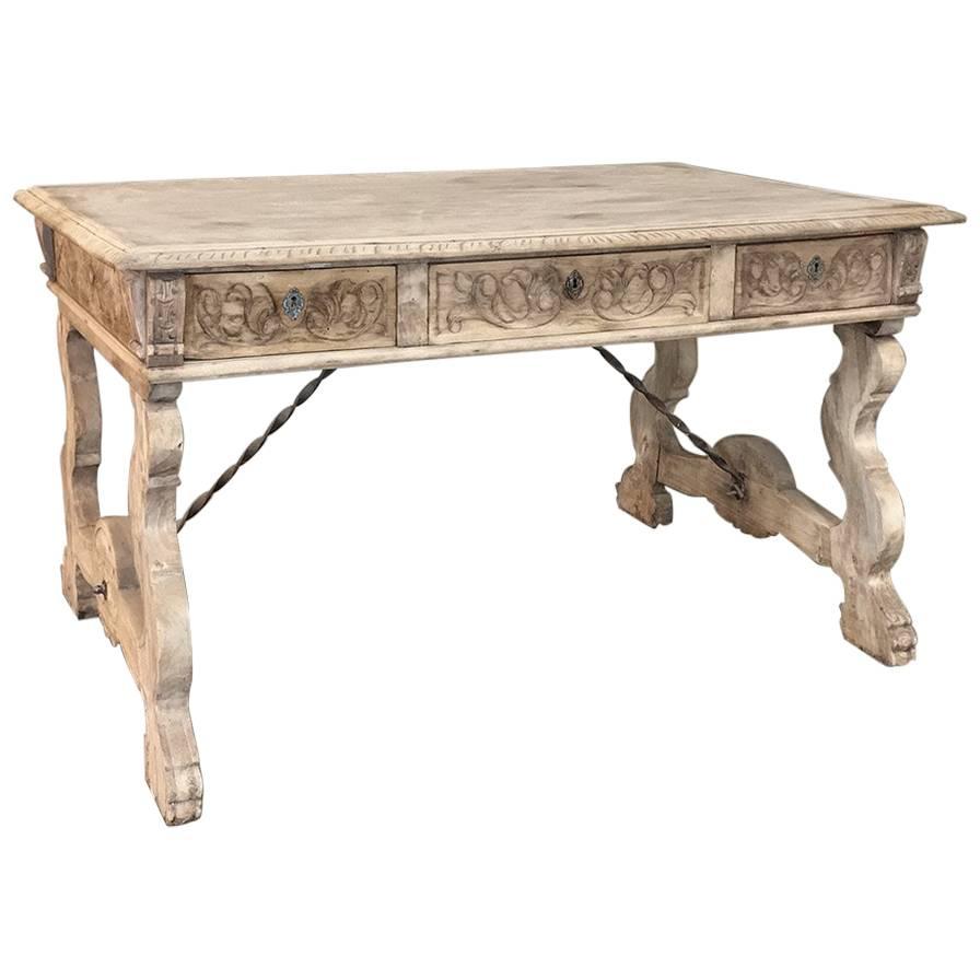 Antique Spanish Stripped Oak Desk with Wrought Iron Stretchers