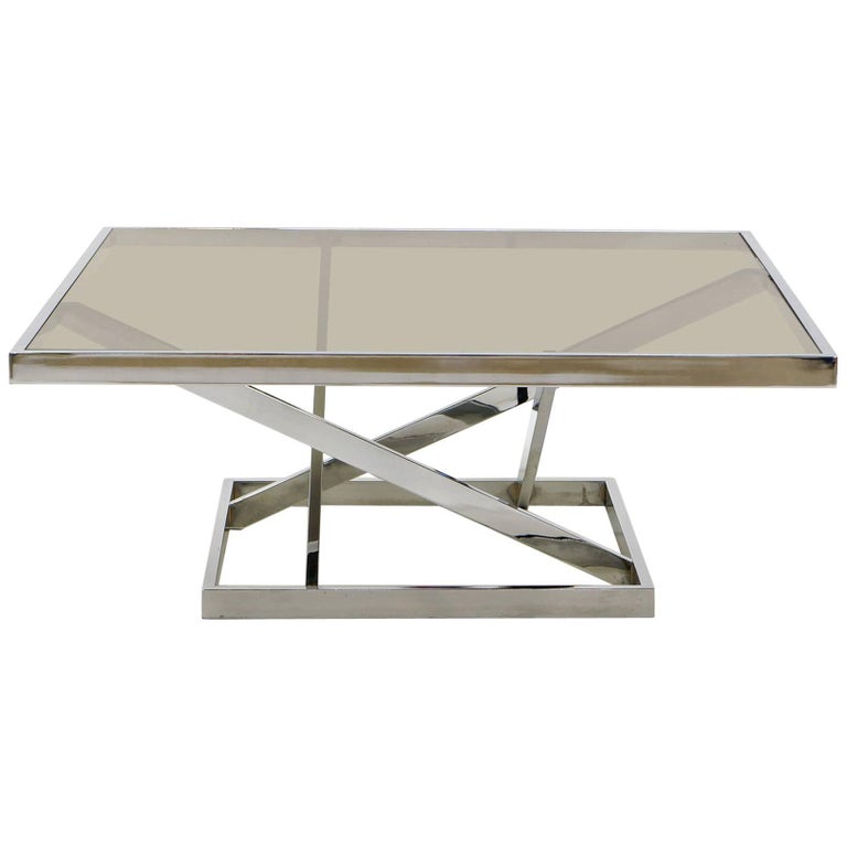 Square Chrome and Smoked Gray Glass Coffee Table Attributed to Milo