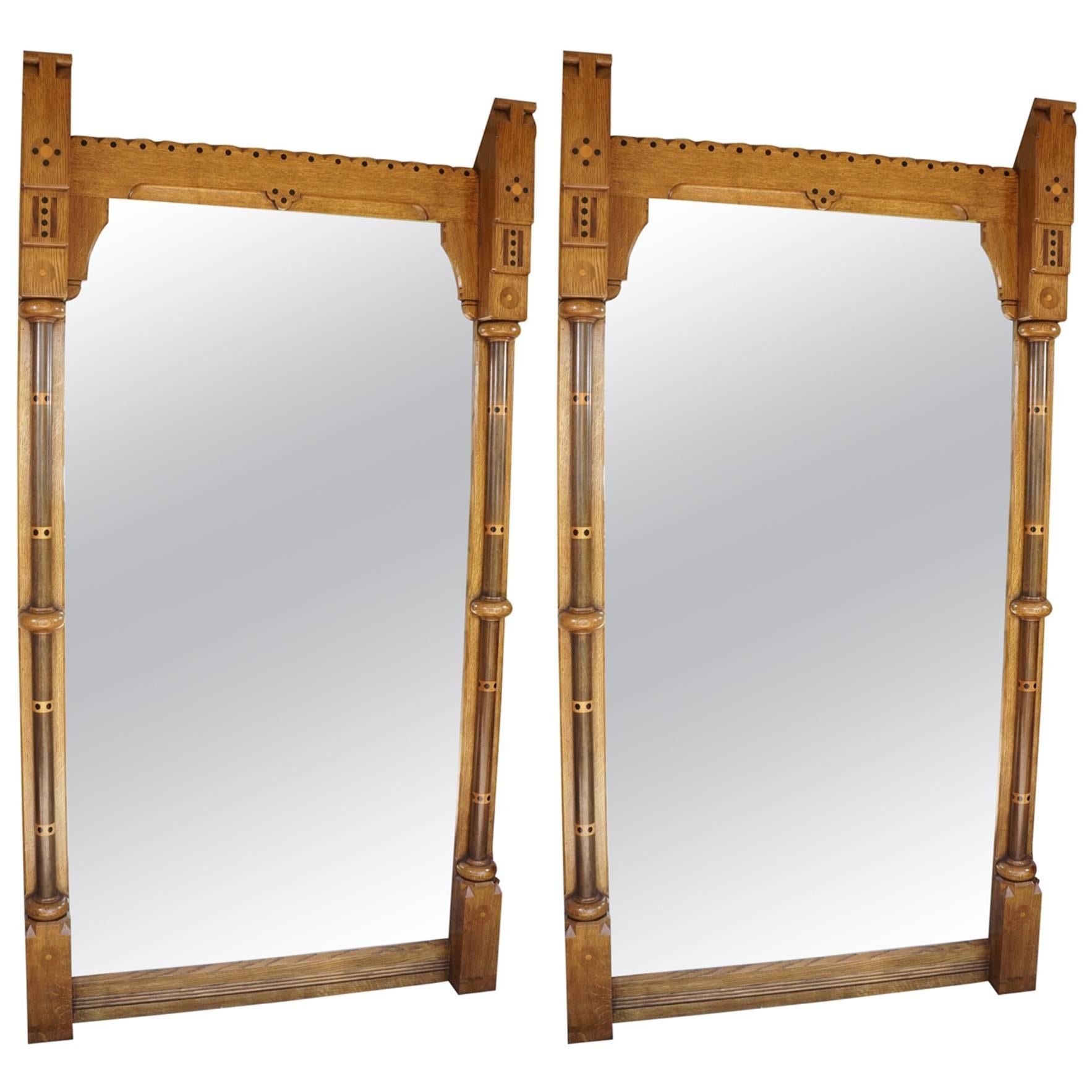 Pair of Late 19th Century Very Large English Oak Reformed Gothic Mirrors For Sale