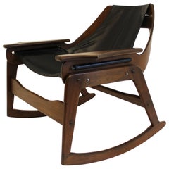 Mid-Century Modern Sling Walnut and Leather Rocking Chair by Leathercrafter
