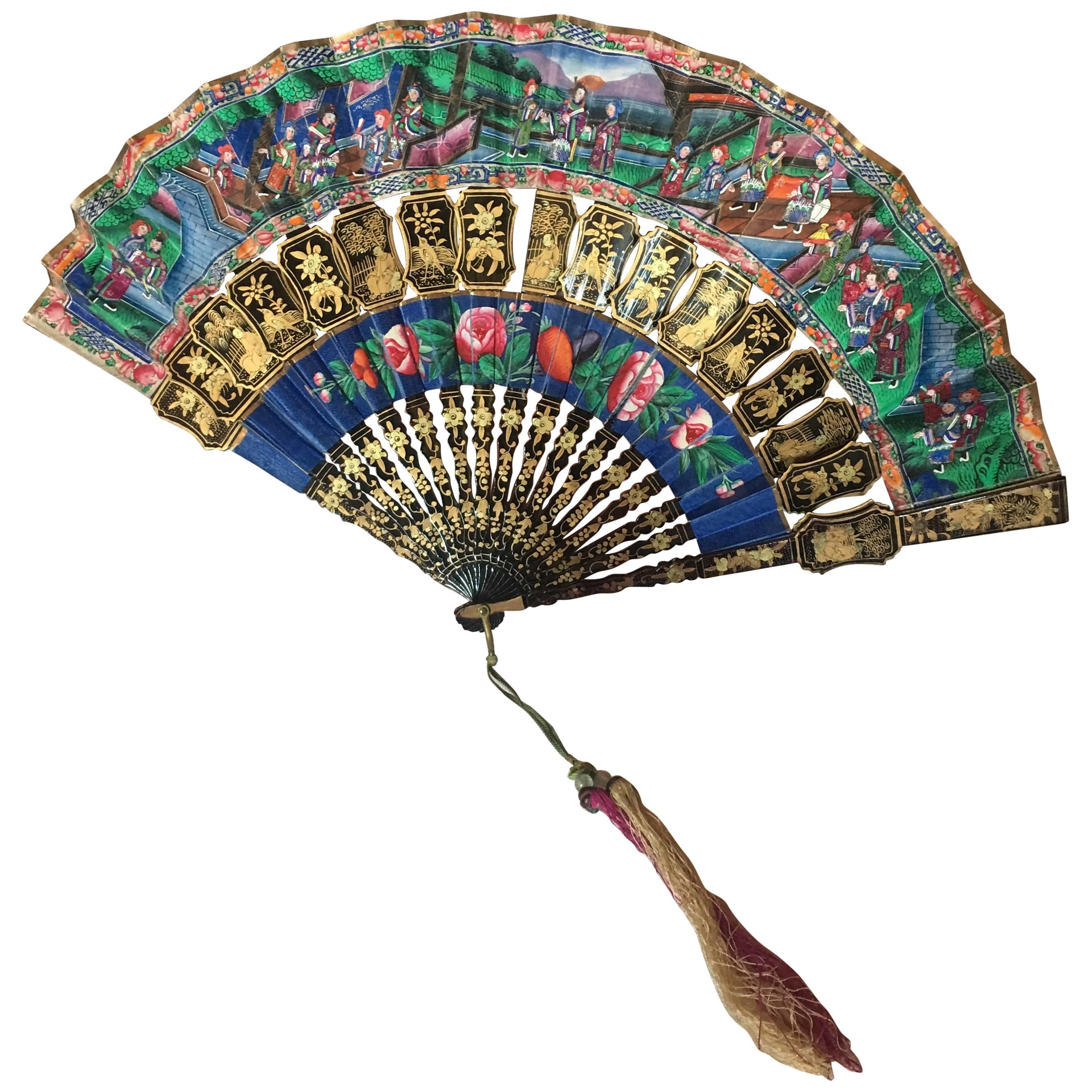 Lacquered Mandarin Chinese Landscape Fan with Box